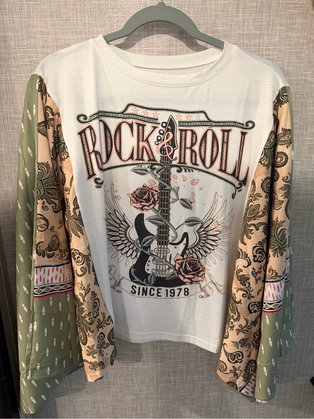 Rock & Roll Graphic Long Sleeve Top - White & Sage